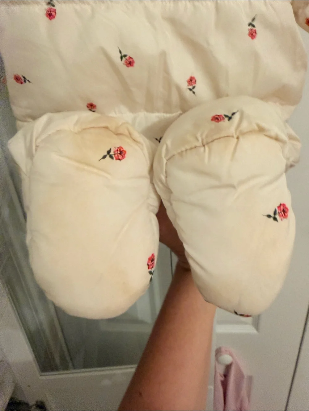 Old Navy Cream Quilted Footed Baby One-Piece with Red Rose Embroidery